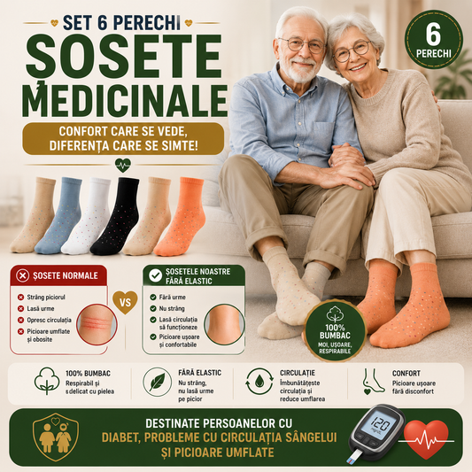 Set 6 Perechi Sosete medicinale fara elastic din 100% bumbac pentru probleme de circulatie a sangelui