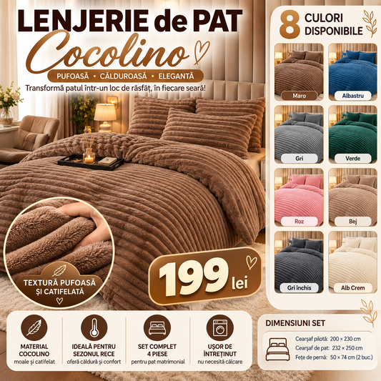 Lenjerie Cocolino Pufoasă cu Blăniță Scurtă, Model Dungat, 4 Piese, Pat Dublu
