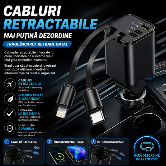 Incarcator Auto 4 in 1 - 120W Super Fast Charge, Retractabil, Afisaj LED Tensiune, Type-C + Lightning, USB, Universal