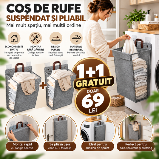 1+1 GRATUIT - Coș de Rufe Suspendat și Pliabil, Montaj Fără Găurire, 57 × 40 × 15 cm, Gri