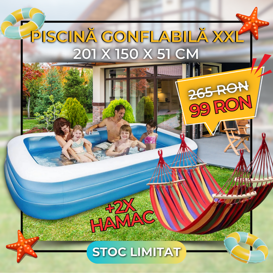 PISCINĂ GONFLABILĂ XXL - 201x150x51 cm + 2 x Hamac Multicolor