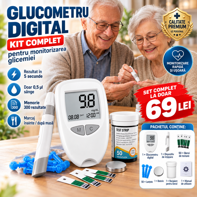 Glucometru Digital pentru Măsurarea Glicemiei, Set Complet cu 50 Benzi de Testare + 50 Ace + Dispozitiv de Înțepare