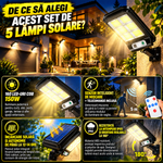 Set 5 Lămpi LED Solare 150W COB – 160 LED-uri, Senzor de Mișcare, Telecomandă, Rezistente la Apă IP65