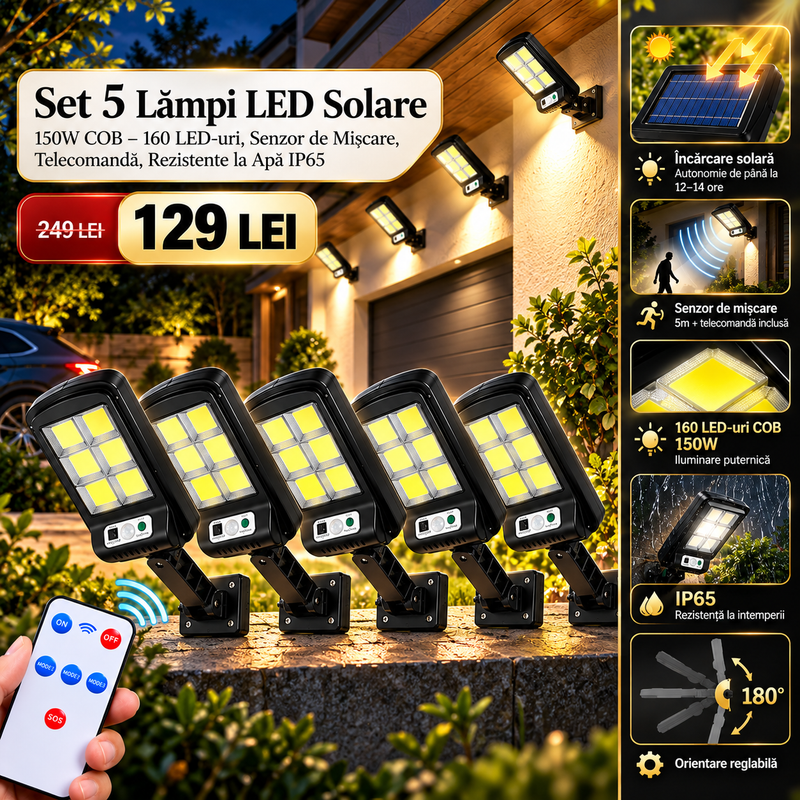 Set 5 Lămpi LED Solare 150W COB – 160 LED-uri, Senzor de Mișcare, Telecomandă, Rezistente la Apă IP65