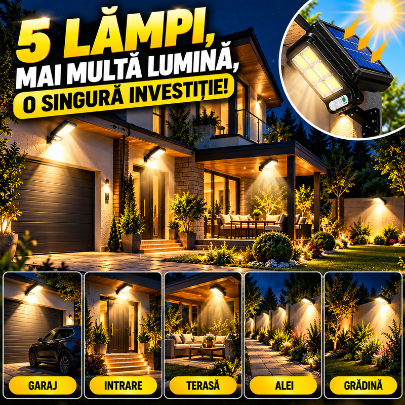 Set 5 Lămpi LED Solare 150W COB – 160 LED-uri, Senzor de Mișcare, Telecomandă, Rezistente la Apă IP65