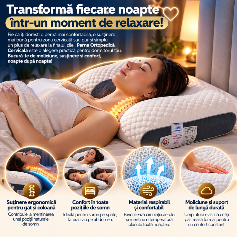 Pernă Ortopedică Cervicală Ergonomică – Suport pentru Gât și Coloană, Confort Sporit în Timpul Somnului, 65x40 cm
