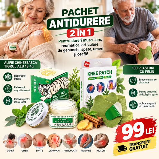Pachet Antidurere 2 în 1 – 100 Plasturi cu Pelin + Alifie Chinezească Tigrul Alb 18,4g pentru Dureri Musculare, Reumatice, Articulare
