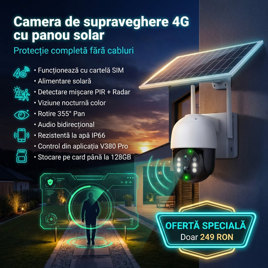 Cameră solară 4G cu SIM, night vision, senzor mișcare, audio și card 32GB