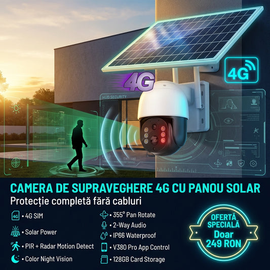 Cameră solară 4G cu SIM, night vision, senzor mișcare, audio și card 32GB