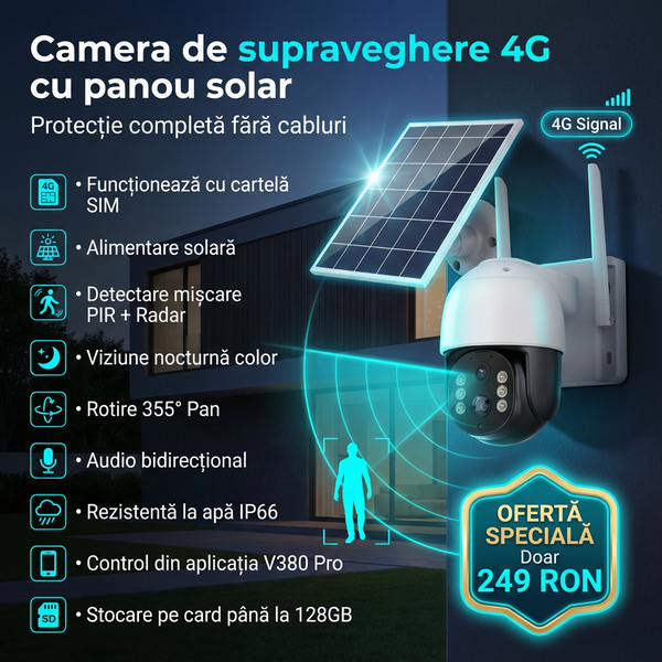 Cameră solară 4G cu SIM, night vision, senzor mișcare, audio și card 32GB