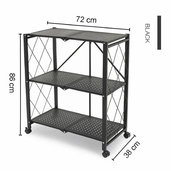 Raft Depozitare Metalic Pliabil pe Roți – 3 Polițe, Negru, 72x34x87 cm