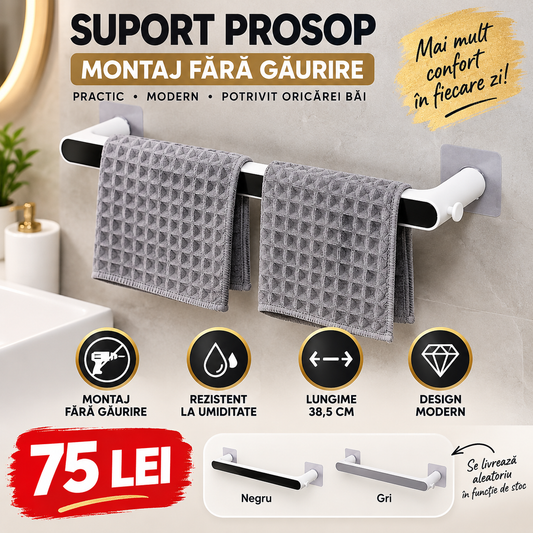 Suport Prosop pentru Baie, Montaj Fără Găurire, Fixare Adezivă, 38,5 cm, Negru/Gri