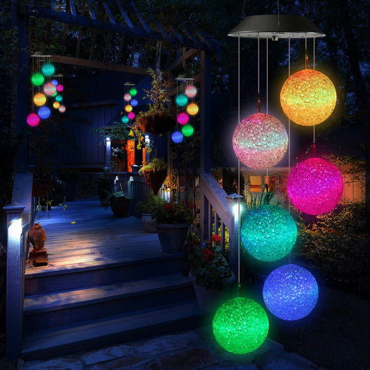 Set 2 x Clopoței de Vânt Solari cu 6 Globuri Multicolore, Iluminare Automată, IP65, pentru Grădină și Terasă