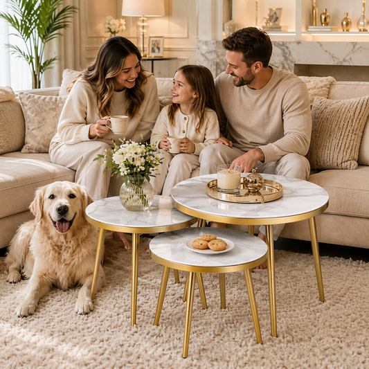 Set 3 Măsuțe de Cafea Tip Nesting – Blat Marmură, Alb & Auriu, Design Premium