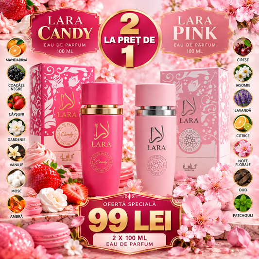 Set 2 Parfumuri Lara Pink + Lara Candy, 2 × 100 ml – 2 LA PREȚ DE 1