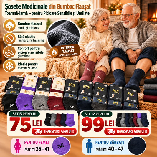 Set 6/12 Perechi Șosete Medicinale Fără Elastic, din Bumbac Flaușat, Toamnă-Iarnă – pentru Picioare Sensibile și Umflate